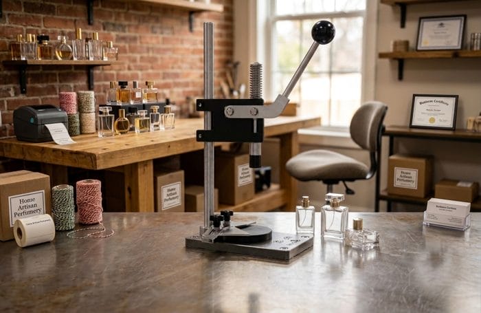 Crimping tool for perfume bottles in a home perfumery workshop